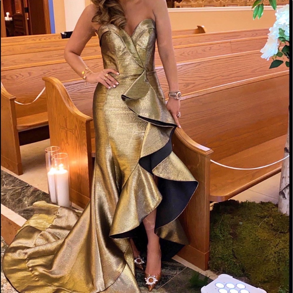 Mac Duggal Gold Ruffled Mermaid Ballgown